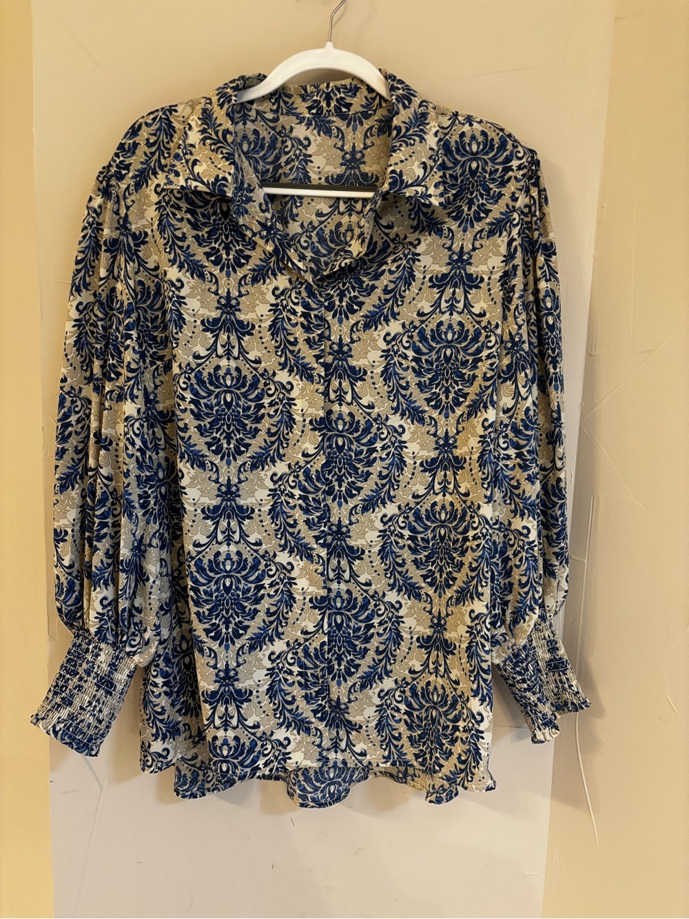 Women's Long-Sleeve Printed Blouse in Blue and Cream
